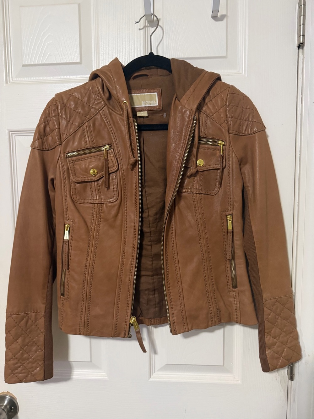 Michael Kors Tan Quilted Hooded Leather Jacket